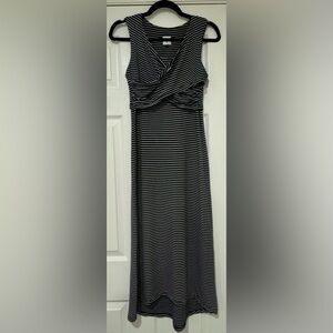 EUC CABI Navy Striped Crossover Jersey Stretch Launch Midi Dress 5610 XSmall